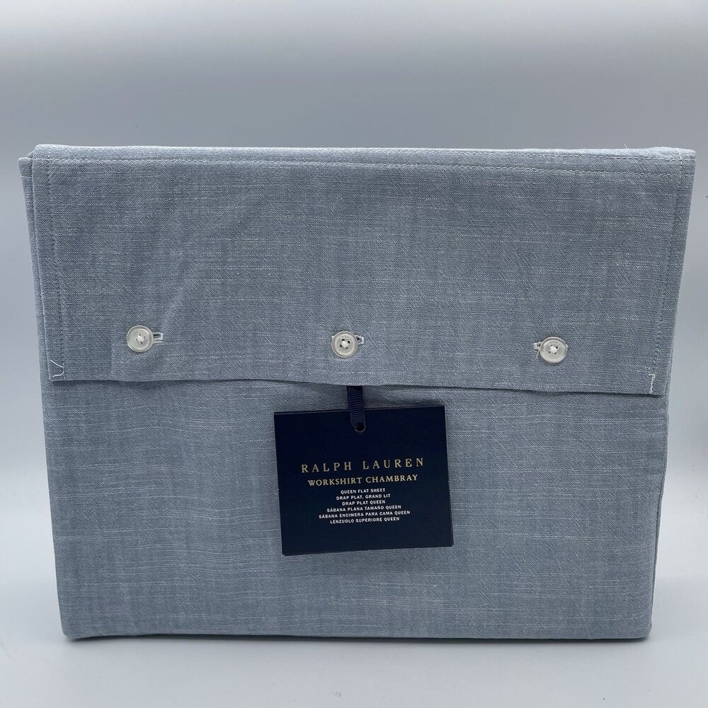 NEW Ralph Lauren QUEEN Flat SHEET ONLY Workshirt Chambray Cotton Oxford Blue Bed